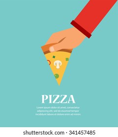 Piece Of Pizza In a Hand.  template for pizzeria restaurant