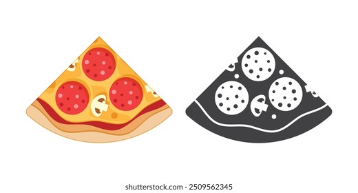 Pedaço de ícone de pizza em estilo plano. Ilustração do vetor alimentar da fatia de Pepperoni no fundo isolado. Pizzaria assina conceito de negócios.