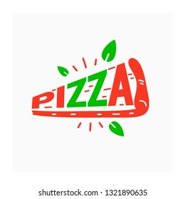 Piece of pizza. Italian pizza vector illustration. Logo traditional Italian dish. Italian pizza sign. Pizzeria logotype with slice of pizza. Red and green color icon. Italian food symbol