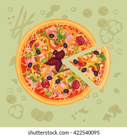 Piece of pizza on the cutting board. Pizza menu illustration