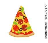 Piece of pizza on white background. Tomatoes and sausage cheese and greens. Crispy crust. tortilla isolated on backdrop. Italian traditional food.
