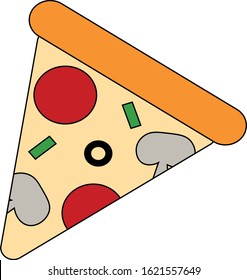 Piece of pizza on white background. Pepperoni, mushroom and olives. 