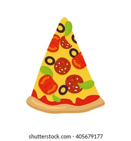 Piece of pizza on white background. Tomatoes and sausage cheese and greens. Crispy crust. tortilla isolated on backdrop. Italian traditional food.
