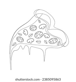 Piece of pizza with pepperoni, mushrooms and basil, drawn in outline minimal black and white technique, idea for a tattoo