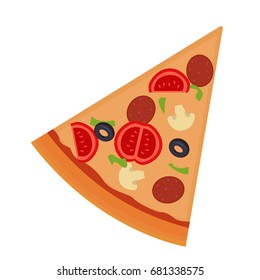 Piece of pizza with salami, mushrooms, tomato. Vector flat illustration