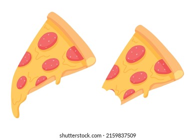 Piece of pizza with salami. Pepperoni pizza. Isolated slice of pizza on a white background. Vector illustration. Whole and bitten pizza.