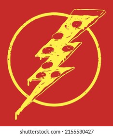 Piece of pizza in the shape of lightning, retro style isolated art for t-shirt, poster, social media, print design.