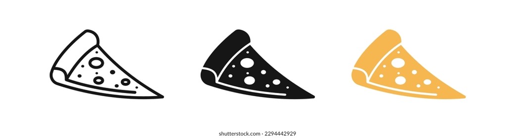 Piece of pizza symbol. Slice pepperoni signs. Pizzeria symbols. Italy's traditional food in 3D icons. Black, flat color. Vector isolated sign.