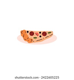 Piece of pizza with tomatoes, sausage, cheese and greens. Cartoon slice of pizza on a plate isolated icon. Unhealthy fat Fast food menu vector illustration. Eating disorder concept