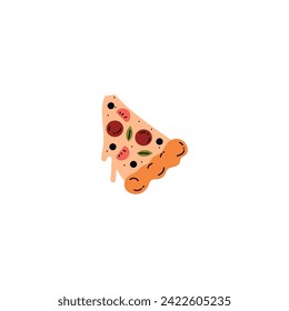 Piece of pizza with tomatoes, sausage, cheese and greens. Cartoon slice of pizza icon. Fast food menu vector illustration. Unhealthy fat fast food isolated on white. Eating disorder concept