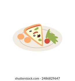 Piece of pizza with tomatoes, sausage, cheese, olives and mushrooms. Cartoon slice of pizza on a plate with salad greens and vegetables isolated icon. Fast food menu vector flat illustration