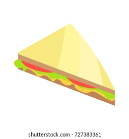 Piece of pizza vector illustration isolated on white. Triangular sandwich with lettuce, tomatoes and cheese, school snack icon