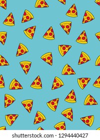 Piece of Pizza Vector Pattern. Pizza Slice with Tomatoes and Salami. Hand Drawn Fast Food. Blue Background. Cute Irregular Repeatable Pattern.