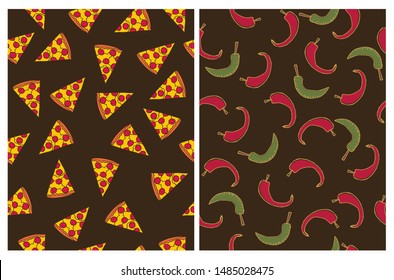 Piece of Pizza Vector Pattern. Pizza Slice with Tomatos and Salami. Hand Drawn Fast Food. Red and Green Chilli Pepper on a Brown Background. Cute Irregular Fast Food Repeatable Print.