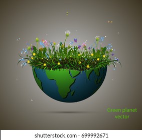 Piece of planet Earth full of growing summer flower, Blooming planet isolated and text ``green planet,  green planet concept, vector