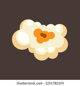 Piece of popcorn illustration. Salty or sweet snack from corn or souffle for watching movies isolated on brown background. Food, cinema concept