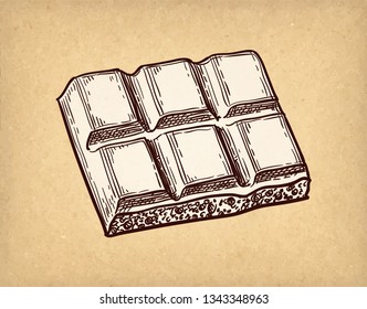 Piece of porous white chocolate. Ink sketch on old paper background. Hand drawn vector illustration. Retro style.