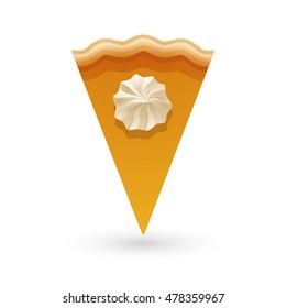 A piece of pumpkin or carrot pie served with whipped cream on the top. Top view vector illustration perfect for location icon.