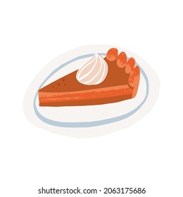 A piece of pumpkin pie on a plate, Traditional Fall American pastry, seasonal cuisine. Cartoon, retro style vector isolated illustration.