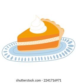 Piece of pumpkin pie on plate isolaed on white background, cozy autumn food, time for hygge, traditional Thanksgiving 