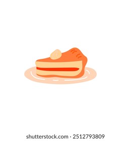 Piece of pumpkin pie on plate isolated on white background, cozy autumn food, time for hygge, traditional Thanksgiving.  Website page and mobile app design vector element.