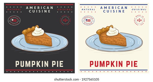 Piece of pumpkin pie slice with cream on plate