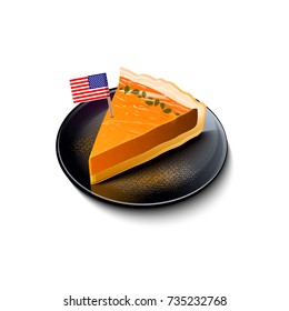 Piece of pumpkin pie with small American flag served on plate isolated cartoon vector illustration on white background. Delicious sweet Thanksgiving treat.