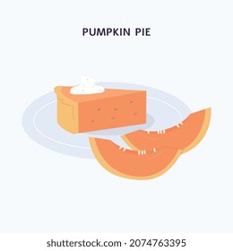 Piece of pumpkin pie and two slices of pumpkin behind it, flat vector illustration isolated on white background. Traditional autumn dessert for Thanksgiving or Halloween.
