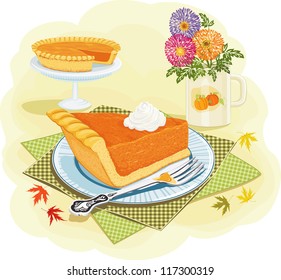 Piece of a pumpkin pie with whipped cream on a plate