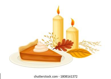 Piece of Pumpkin Pie with Whipped Cream and Burning Candles as Thanksgiving Autumnal Holiday Vector Composition