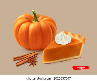 Piece pumpkin pie and whipped cream   orange pumpkin  3d realistic vector illustration pumpkin pie  cinnamon sticks   anise 