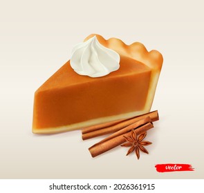 Piece of pumpkin pie with whipped cream. 3d realistic vector illustration of pumpkin pie, cinnamon sticks and anise.