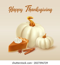 Piece of pumpkin pie with whipped cream and white pumpkins. 3d realistic vector illustration of pumpkin pie, cinnamon sticks and anise.