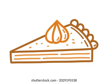 Piece of pumpkin pie with whipped cream in doodle style. Hand-drawn vector illustration isolated on white background. Perfect for cards, logo, menu, autumn and holiday designs, decorations.