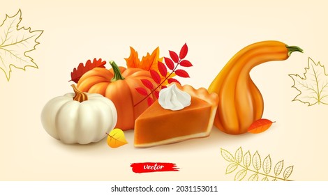 Piece of pumpkin pie with whipped cream and pumpkins. 3d realistic vector illustration.