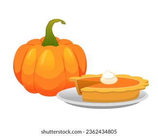 Piece of pumpkin pie with whipped cream and orange pumpkin. Pumpkin pie traditional American dessert for Thanksgiving. Design for Holidays invitation card, poster, banner, postcard, print. Vector