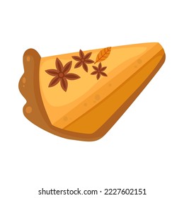 Piece of pumpkin spice flavored cake cartoon illustration. Tasty slice of orange cake isolated on white background. Halloween, fall, beverage, food concept