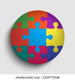 Piece puzzle background, banner, blank. Vector jigsaw section template isolated. Background with puzzle multicolor mosaic, details, tiles, parts. Circle outline pattern jigsaw. Game group detail.