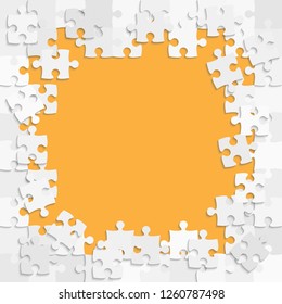 Piece puzzle background, banner, blank. Vector jigsaw section template isolated. Background with puzzle grey mosaic, details, tiles, parts. Square outline pattern jigsaw. Game group detail.