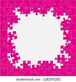Piece puzzle background, banner, blank. Vector jigsaw section template isolated. Background with puzzle pink mosaic, details, tiles, parts. Square outline pattern jigsaw. Game group detail.