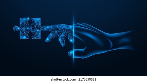 A Piece Of The Puzzle On The Finger Of The Hand. Part Of A Virtual Project. Transition To The Digital Space. Polygonal Design. Blue Background.