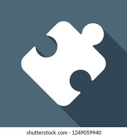 Piece of puzzle, sign of logic, simple icon. White flat icon with long shadow on blue background