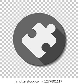 Piece of puzzle, sign of logic, simple icon. flat icon, long shadow, circle, transparent grid. Badge or sticker style