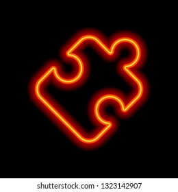 Piece of puzzle, sign of logic, simple icon. Orange neon style on black background. Light icon