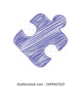 Piece of puzzle, sign of logic, simple icon. Hand drawn sketched picture with scribble fill. Blue ink. Doodle on white background