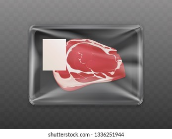 Piece of raw beef meat packed in sealed plastic container with price tag 3d realistic vector isolated on transparent background. Culinary ingredient, grocery store product sale advertising element