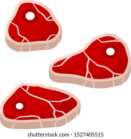 Piece of raw meat. Brown fried surface. Cartoon flat illustration. Element of kitchen, grill, BBQ, steak and delicious meal. Set of Fresh red food with streaks and fat. Cut off half beef piece