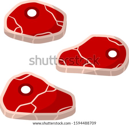 Piece of raw meat. Brown fried surface. Cartoon flat illustration. Cut off half beef piece. Element of kitchen, grill, BBQ, steak and delicious meal. Set of Fresh red food with streaks and fat