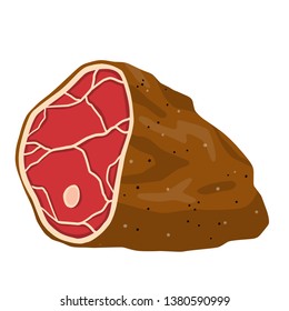 Piece of raw meat. Fresh red food with streaks and fat. Element of kitchen, grill, BBQ, steak and delicious meal. Brown fried surface. Cut off half beef piece. Cartoon illustration