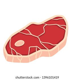 Piece of raw meat. Fresh red food with streaks and fat. Element of kitchen, grill, BBQ, steak and delicious meal. Cut off half beef piece. Cartoon illustration